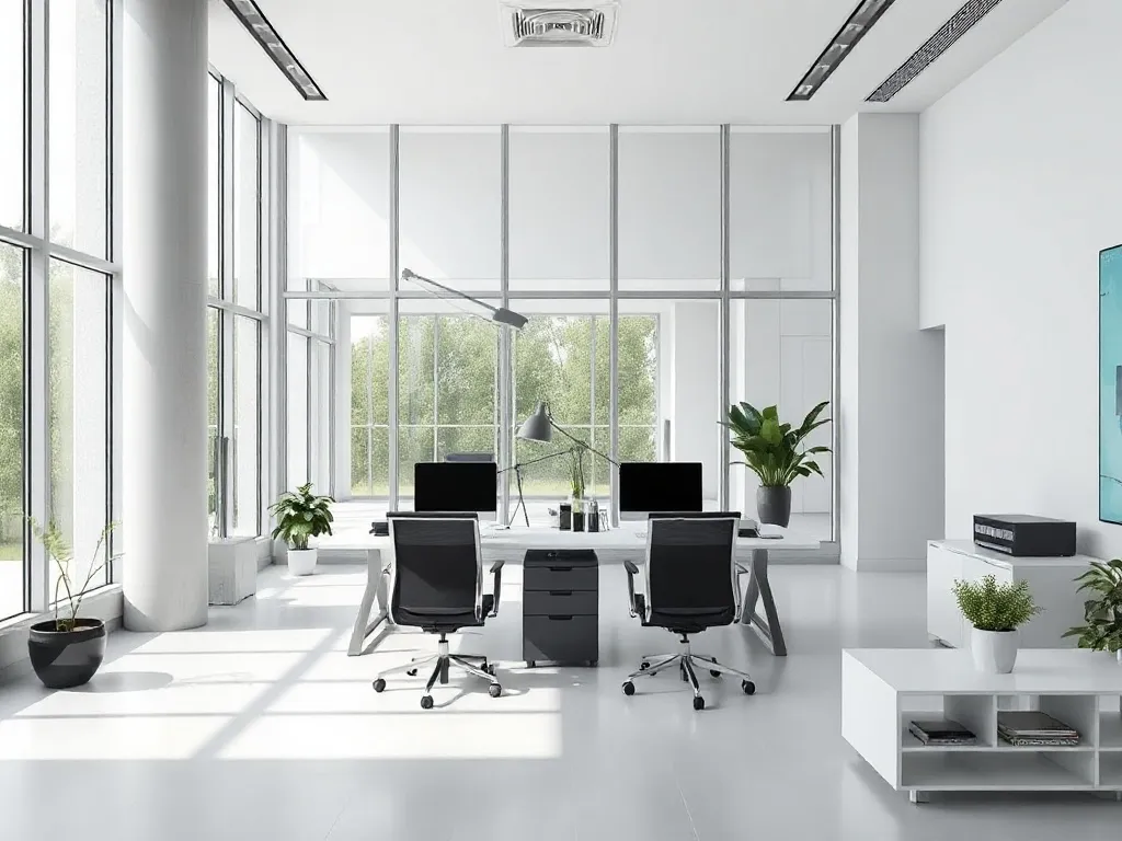 Modern minimalist office space with large windows and techno