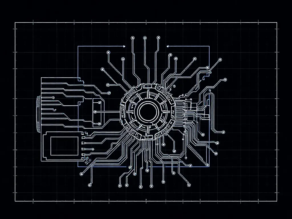 Minimalist blueprint of a complex logical engine, white line